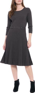 London Times Long Sleeve Pleated Flare Skirt Dress