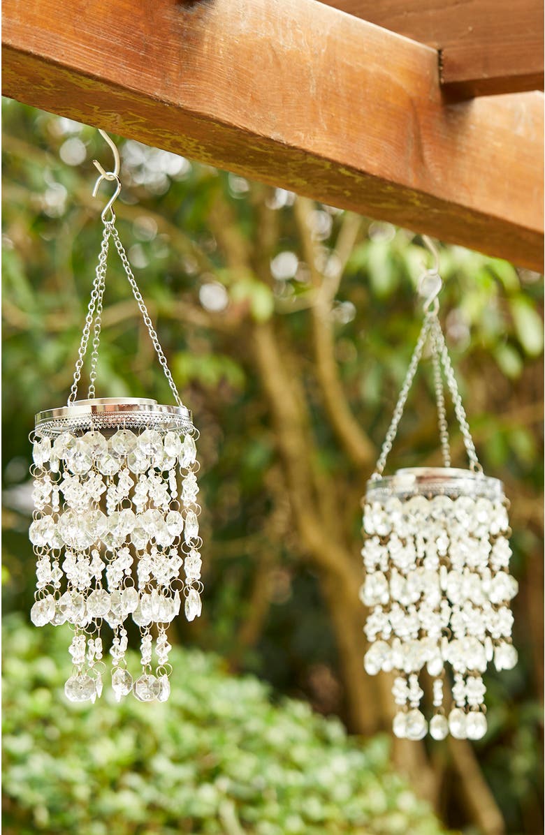 Glitzhome Set of 2 Solar Lighted Acrylic Jewel Beaded Wind Chime or Chandelier Hanging Decor, Alternate, color, White