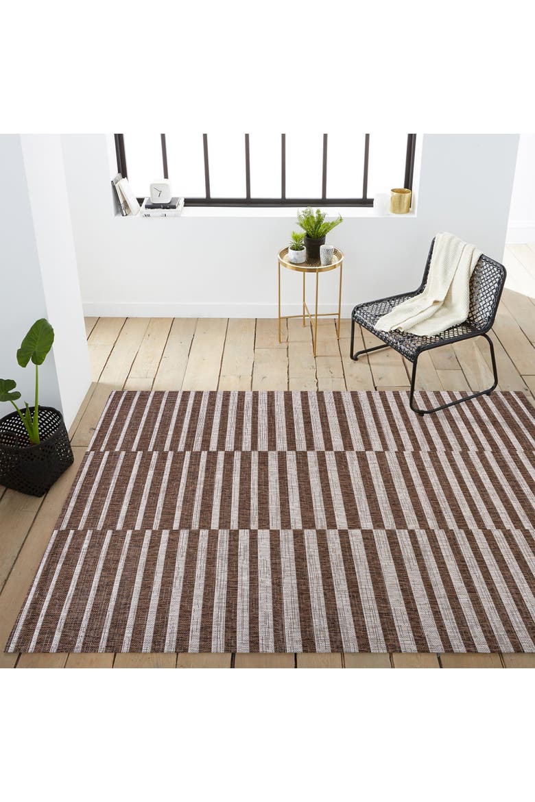 Sukie Modern Offset Stripe Indoor/Outdoor Area Rug, Alternate, color, Brown/Beige