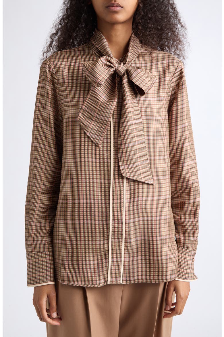 Minnie Plaid Tie Neck Shirt, Alternate, color, NEUTRAL