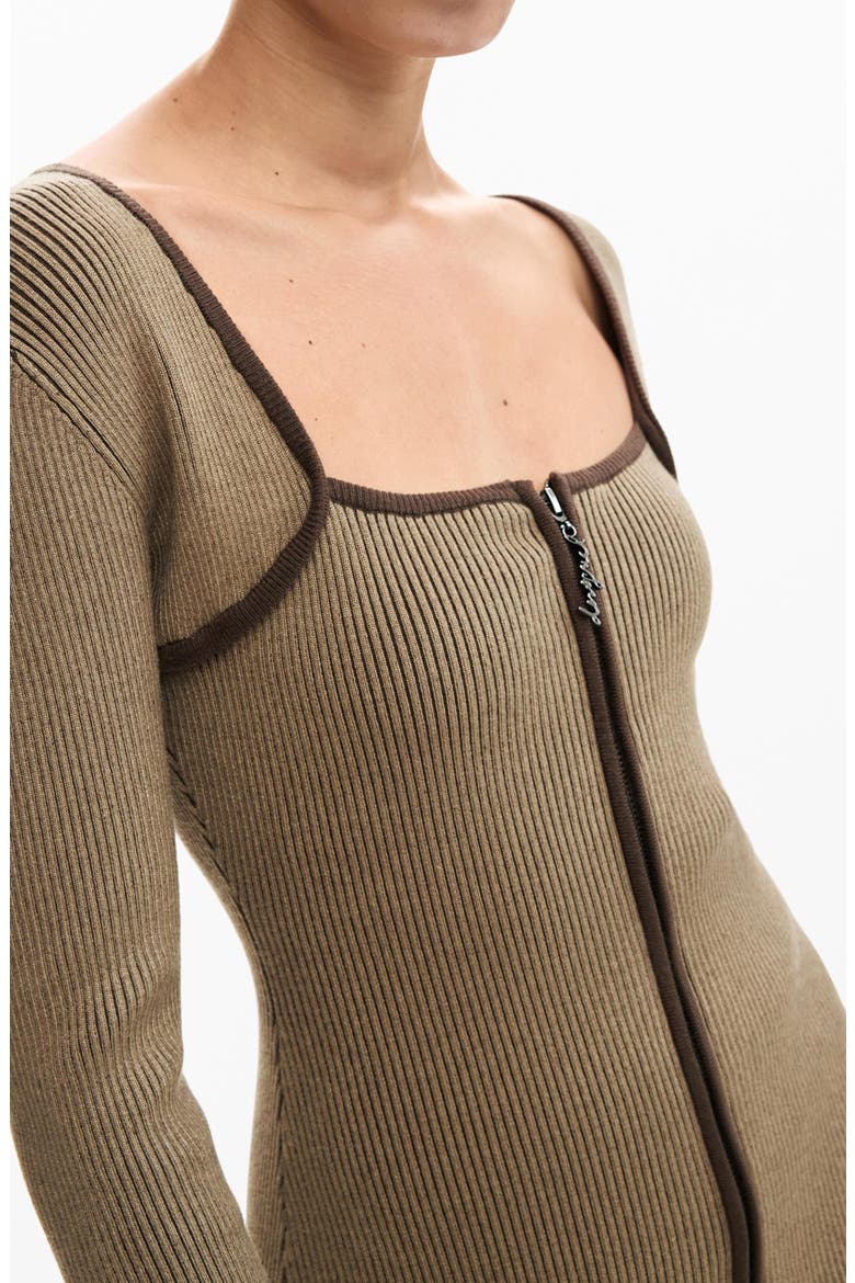 Rib Front Zip Minidress, Alternate, color, BROWN