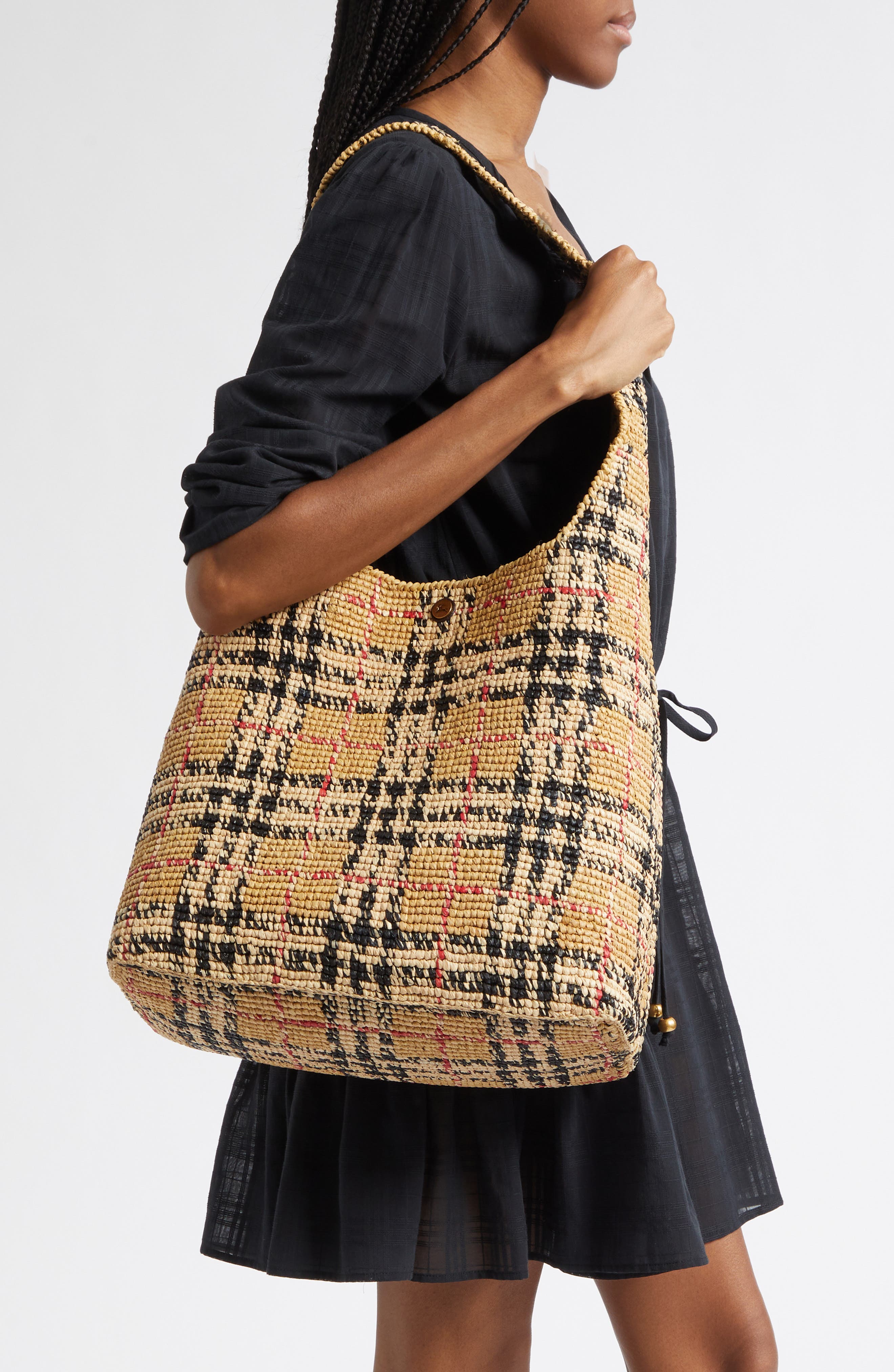 Burberry Margate Check Raffia Hobo Bag, Alternate, color, Sand