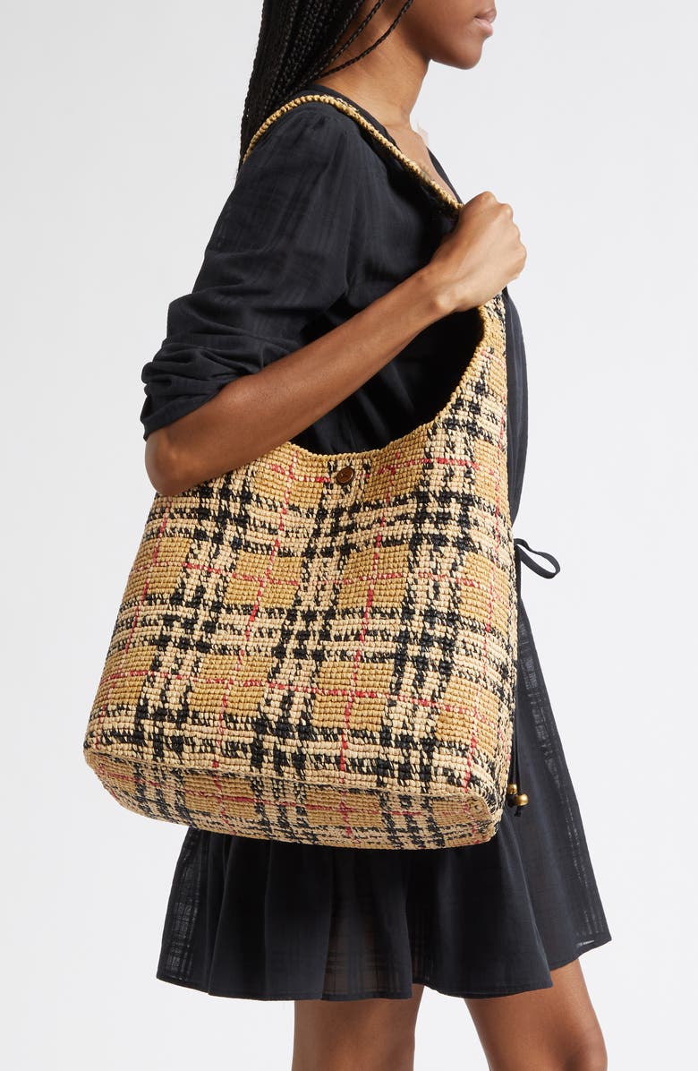 Burberry Margate Check Raffia Hobo Bag, Alternate, color, Sand