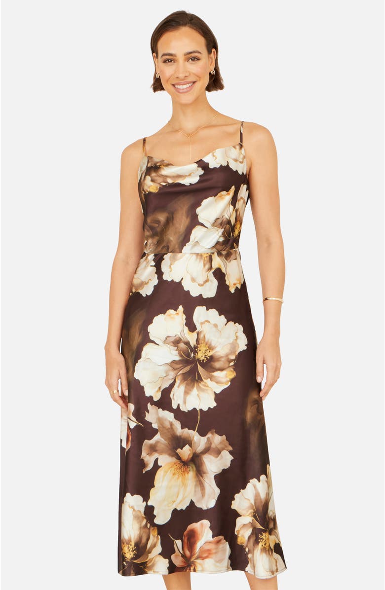 Yumi Cowl Neck Satin Floral Dress, Alternate, color, Brown