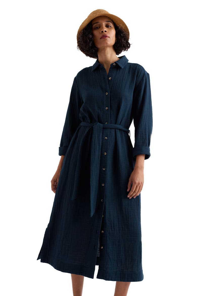 Whitsand Cove Long Sleeve Organic Cotton Gauze Shirtdress, Alternate, color, MARITIME