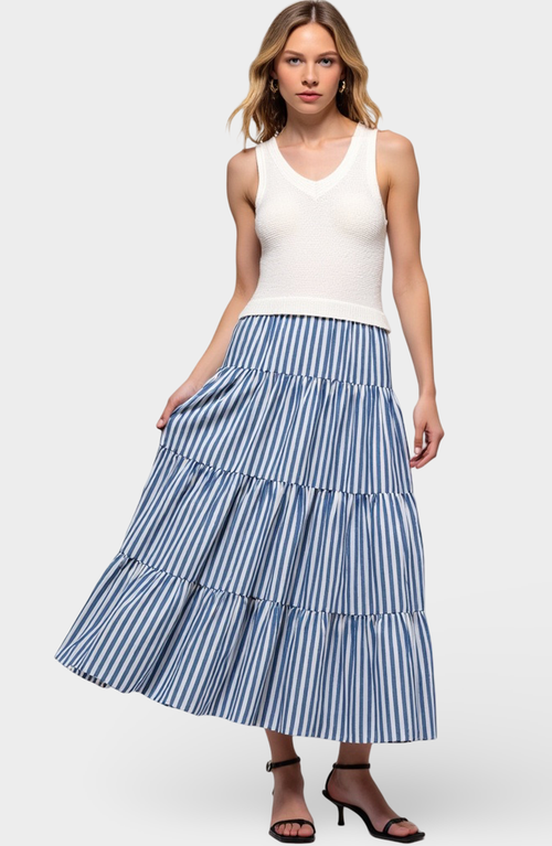 Modenaire Striped Tiered A-line Maxi Skirt With Side Pockets And Relaxed Fit In Blue