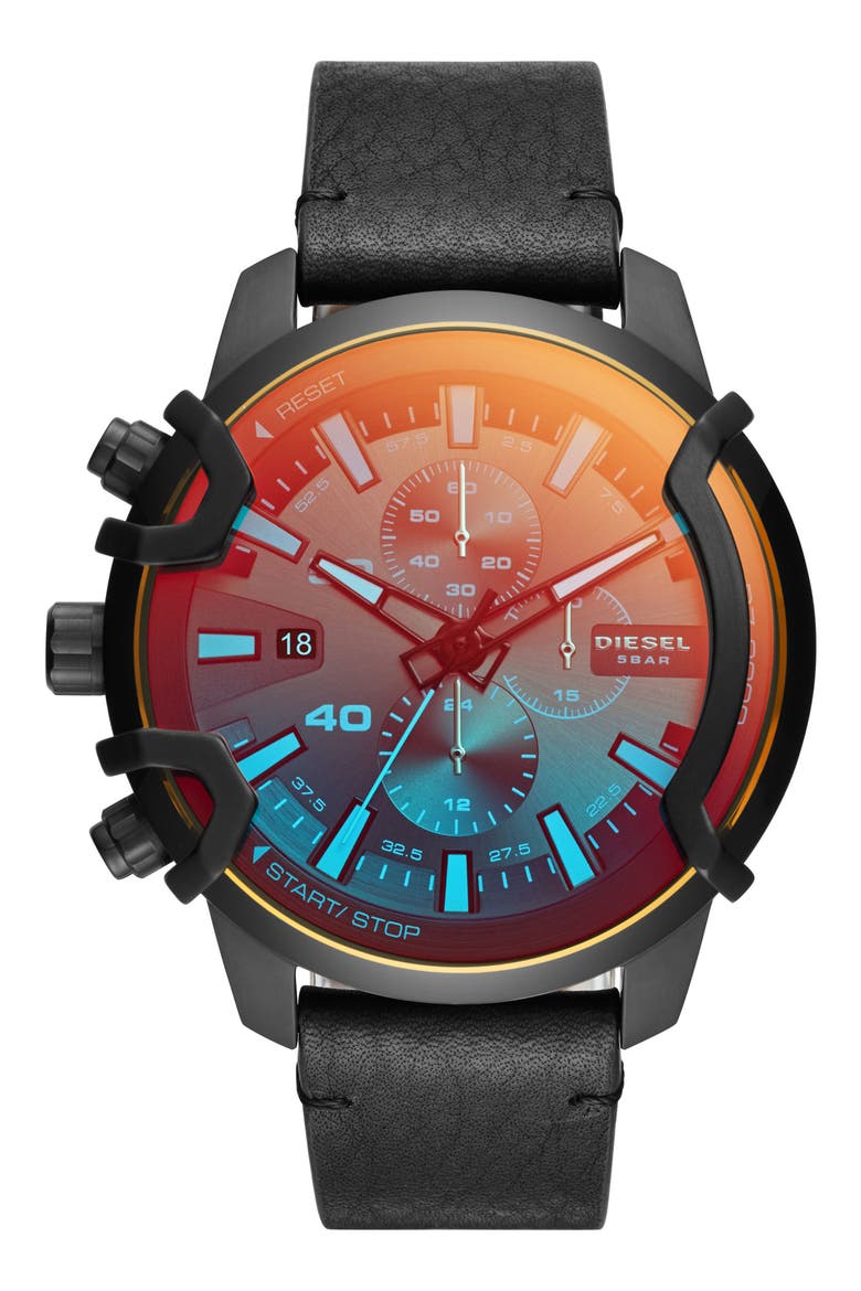 Griffed Chronograph Leather Strap Watch, 46mm, Main, color, BLACK
