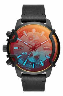 DIESEL® Griffed Chronograph Leather Strap Watch, 46mm