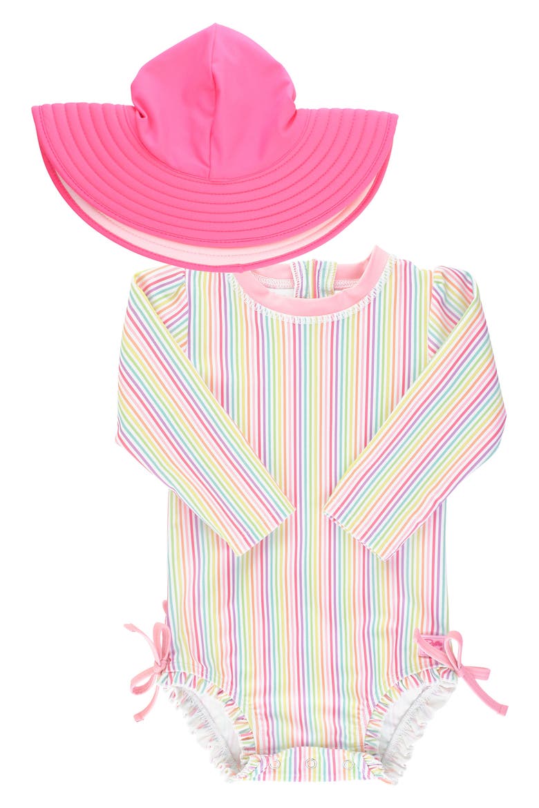 Rainbow Stripe One-Piece Rashguard Swimsuit & Floppy Sun Hat Set, Main, color, PINK