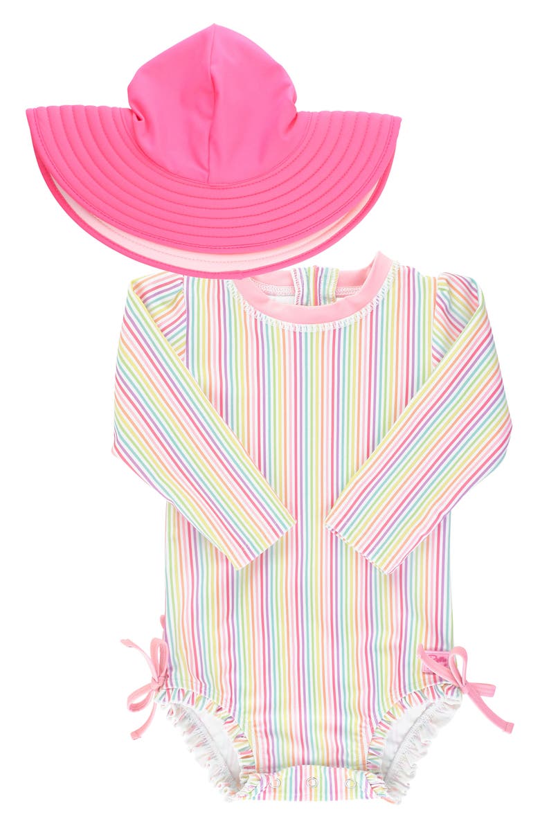 RuffleButts Rainbow Stripe One-Piece Rashguard Swimsuit & Floppy Sun Hat Set, Main, color,