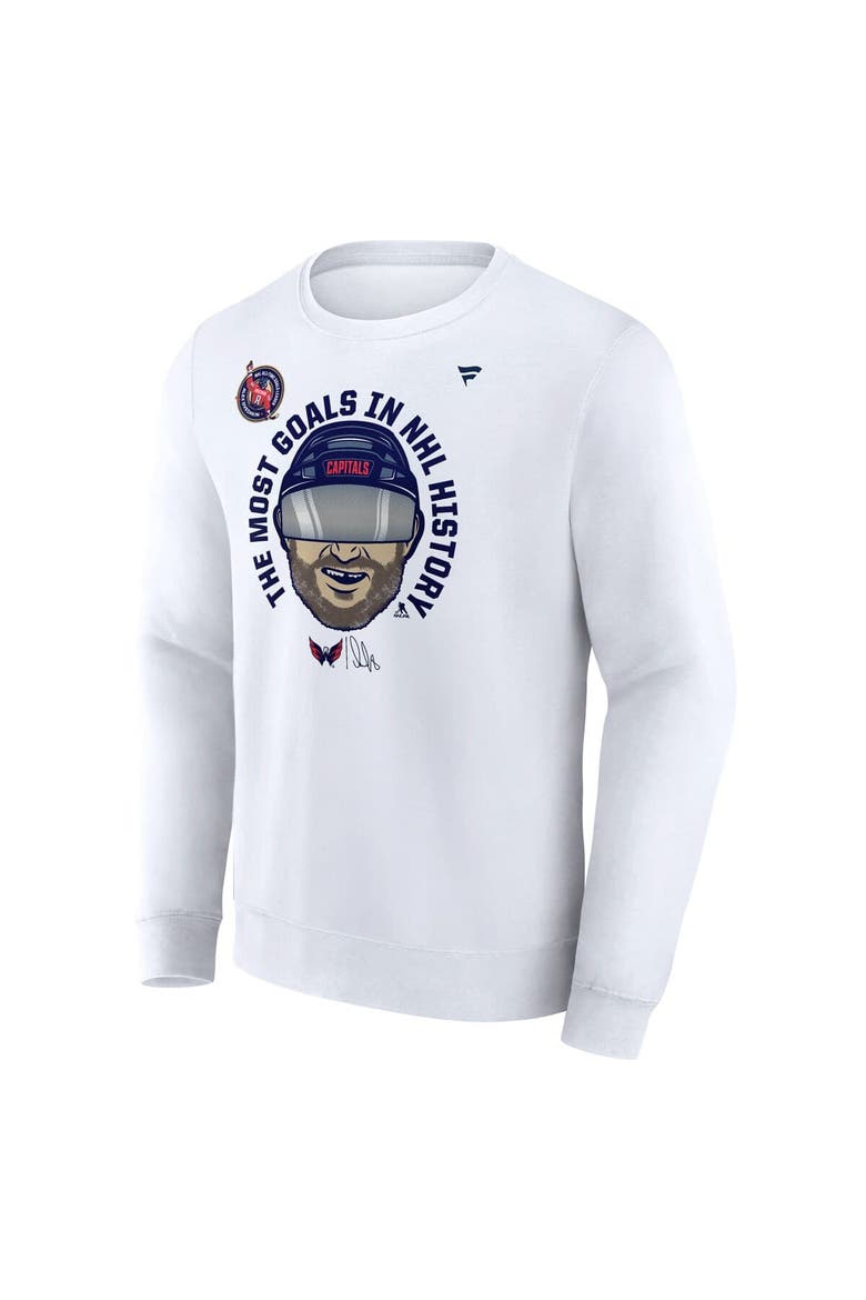 Men's Fanatics Alexander Ovechkin White Washington Capitals NHL All-Time Leading Goal Scorer GR8 Caricature Fleece Pullover Sweatshirt, Alternate, color, White