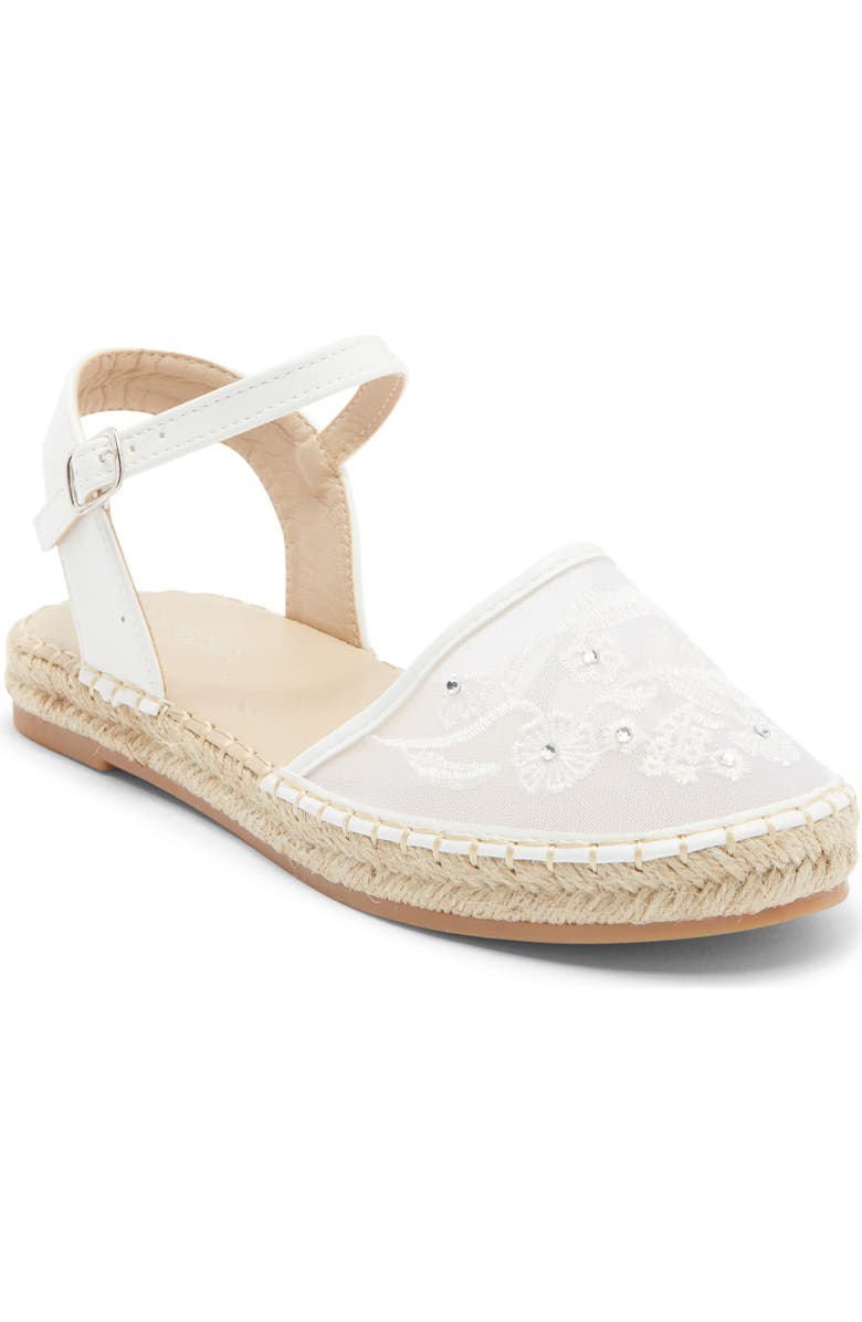 TOP MODA Chrom Floral Embroidered Ankle Strap Flat, Main, color, White Pu