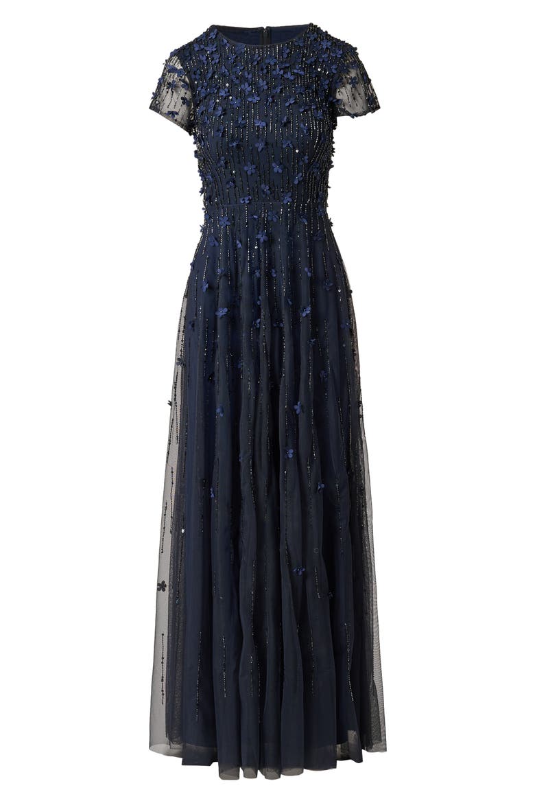 Beaded Appliqué Gown, Alternate, color, NAVY