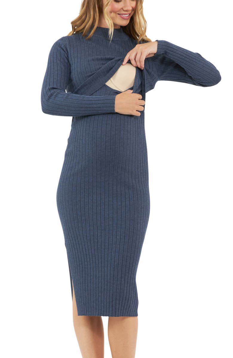 Ripe Maternity Nella Rib Maternity/Nursing Knit Midi Dress, Alternate, color, Denim Marle