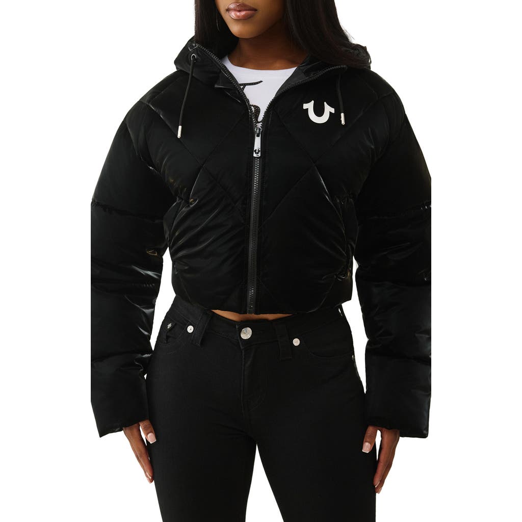 True Religion High Shine Hooded Crop Puffer Jacket In Black