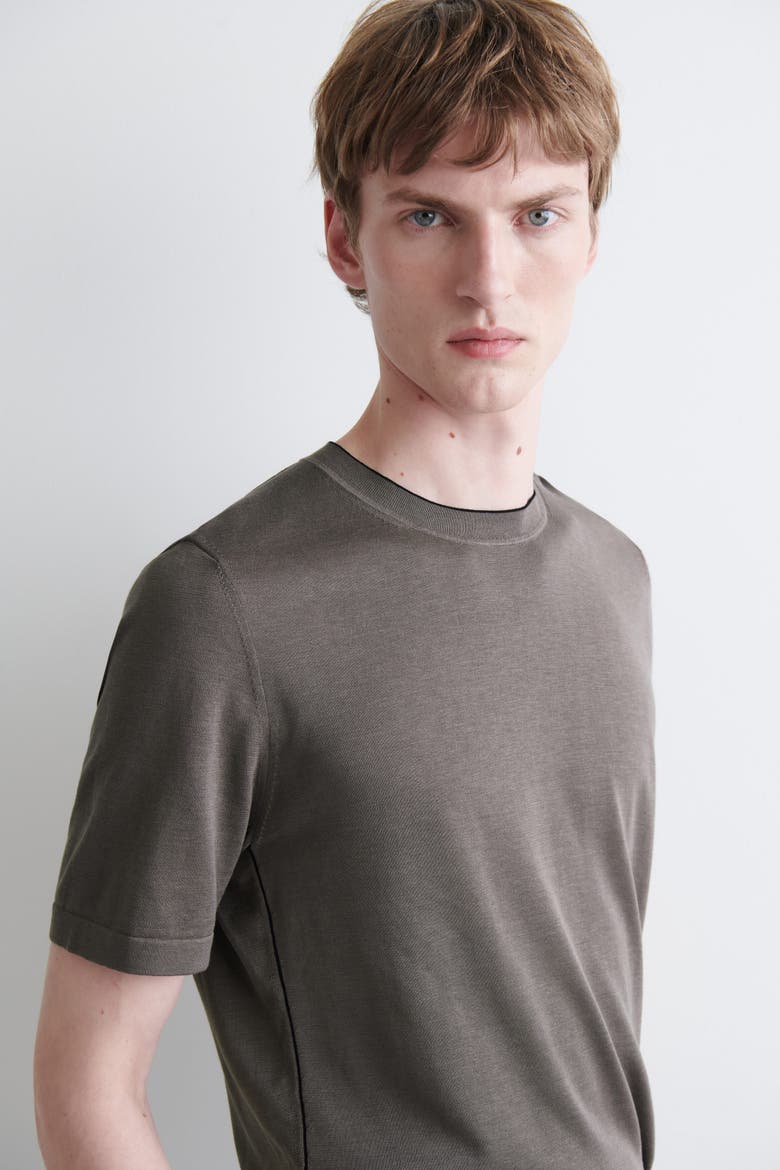 Contrast-tipped Silk-cotton T-shirt, Alternate, color, BROWN / BLACK