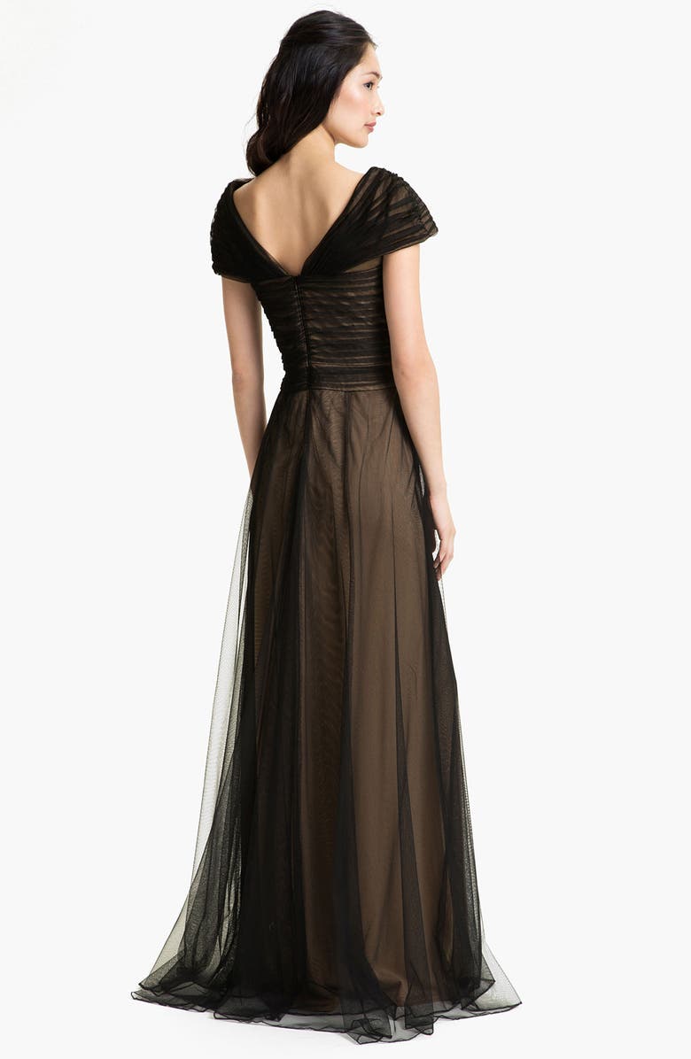 Tadashi Shoji Portrait Collar Pleated Mesh Gown, Alternate, color,