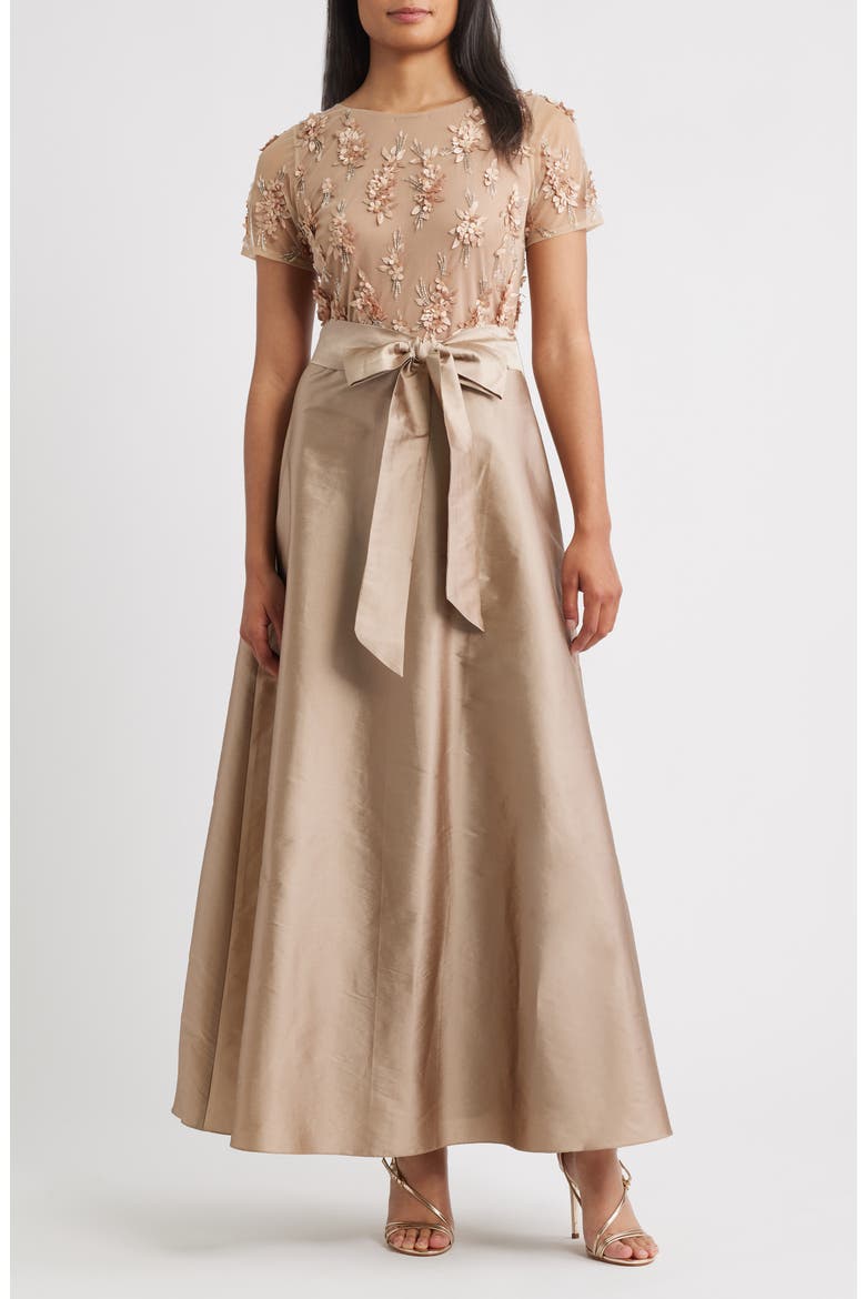 3D Floral Bodice Beaded Gown, Main, color, MOCHA
