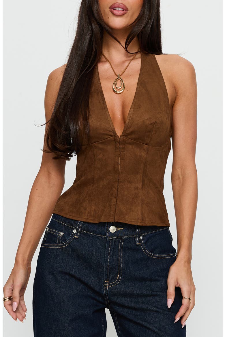 Dalyah Faux Suede Corset Halter Top, Main, color, BROWN