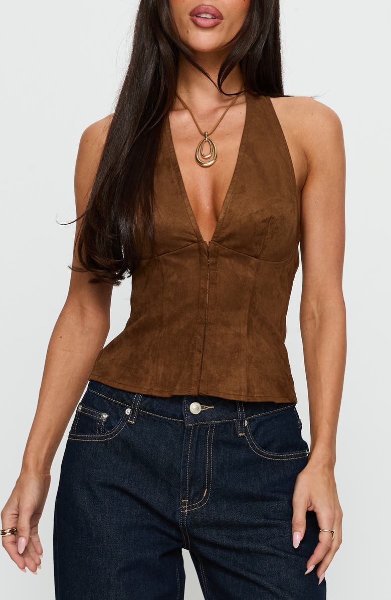 Princess Polly Dalyah Faux Suede Corset Halter Top, Main, color, Brown