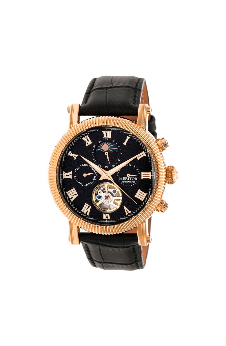 Heritor Automatic Winston Semi-Skeleton Leather-Band Watch, Main, color, Rose Gold/Black