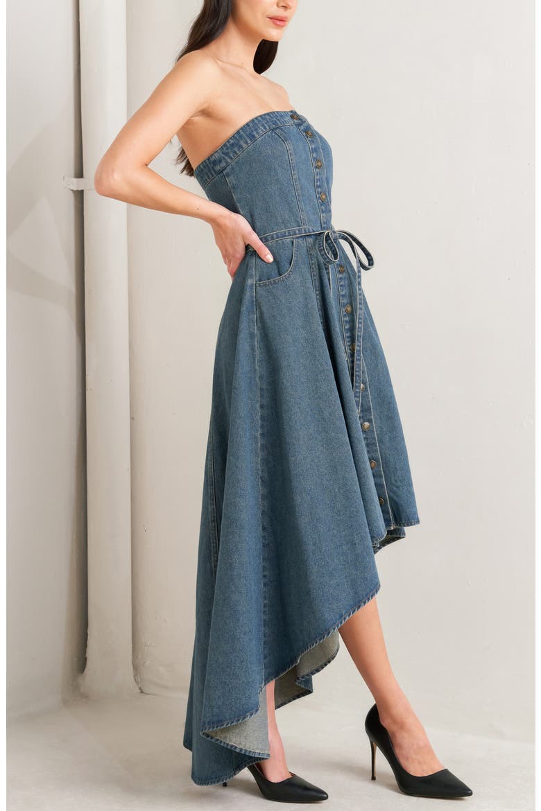 Belted Strapless High-Low Midi Dress, Alternate, color, MEDIUM INDIGO