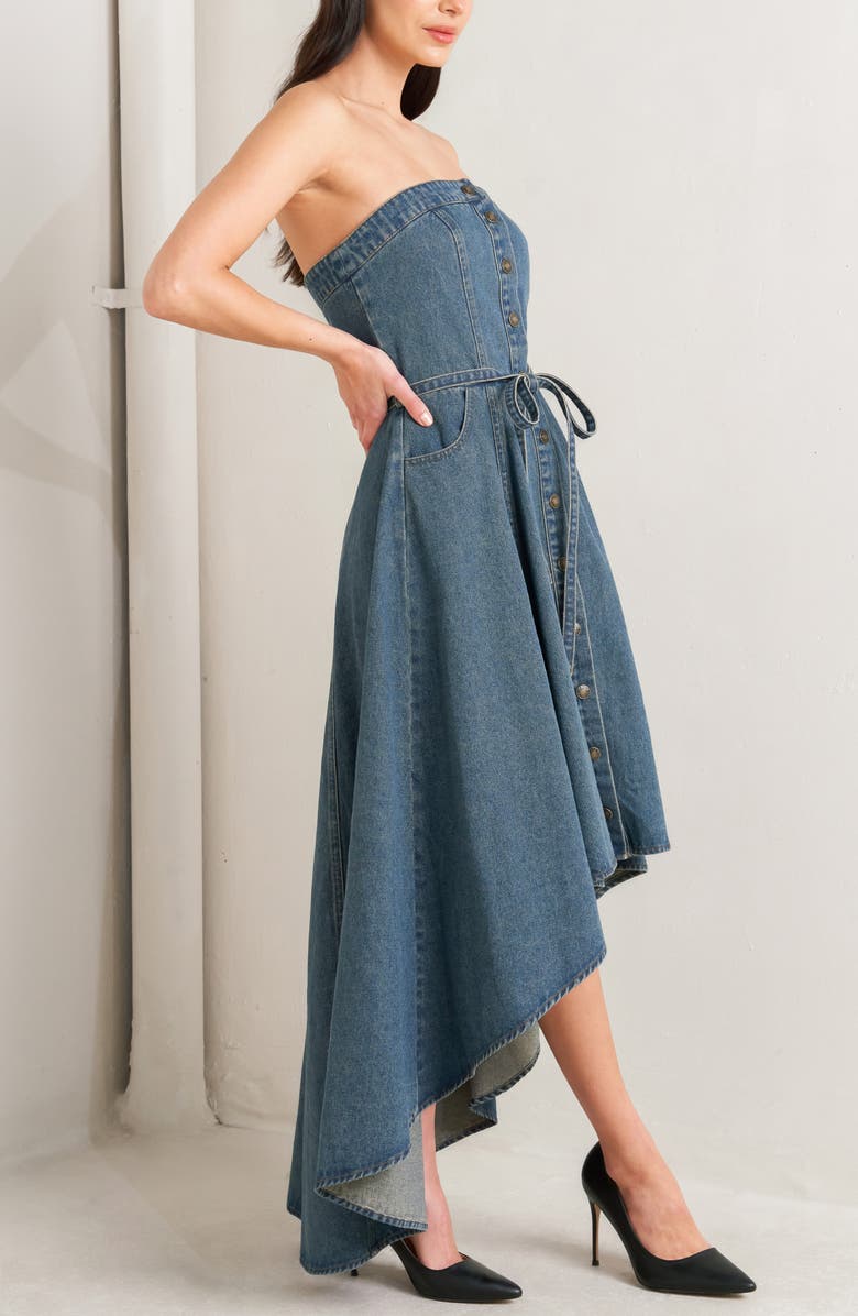 FREEMARKET Belted Strapless High-Low Midi Dress, Alternate, color, Medium Indigo