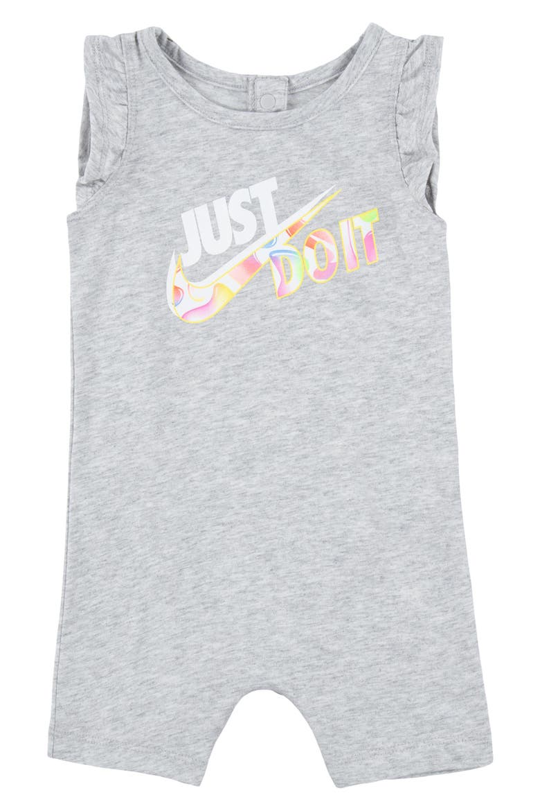 Freeze Tag Ruffle Shoulder Cotton Graphic Romper, Main, color, GREY HEATHER