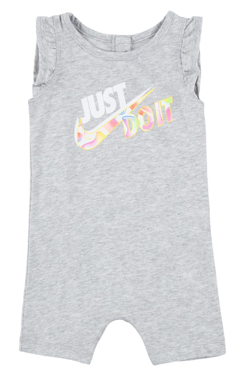 Nike Freeze Tag Ruffle Shoulder Cotton Graphic Romper, Main, color, 