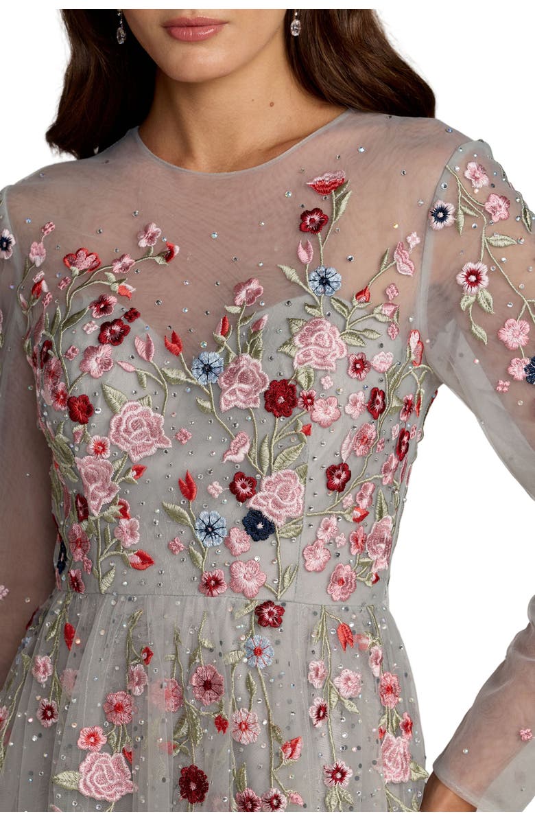 Mac Duggal Embroidered Illusion High Neck Long Sleeve A Line Gown, Alternate, color, Platinum Multi