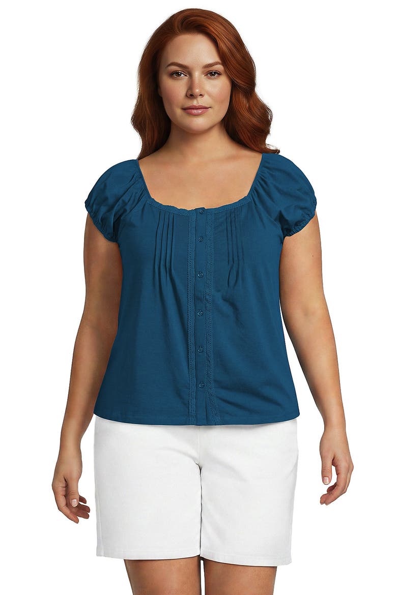 Plus Size Sleeveless Lightweight Jersey Pintuck Button Front Blouse, Main, color, Baltic Teal