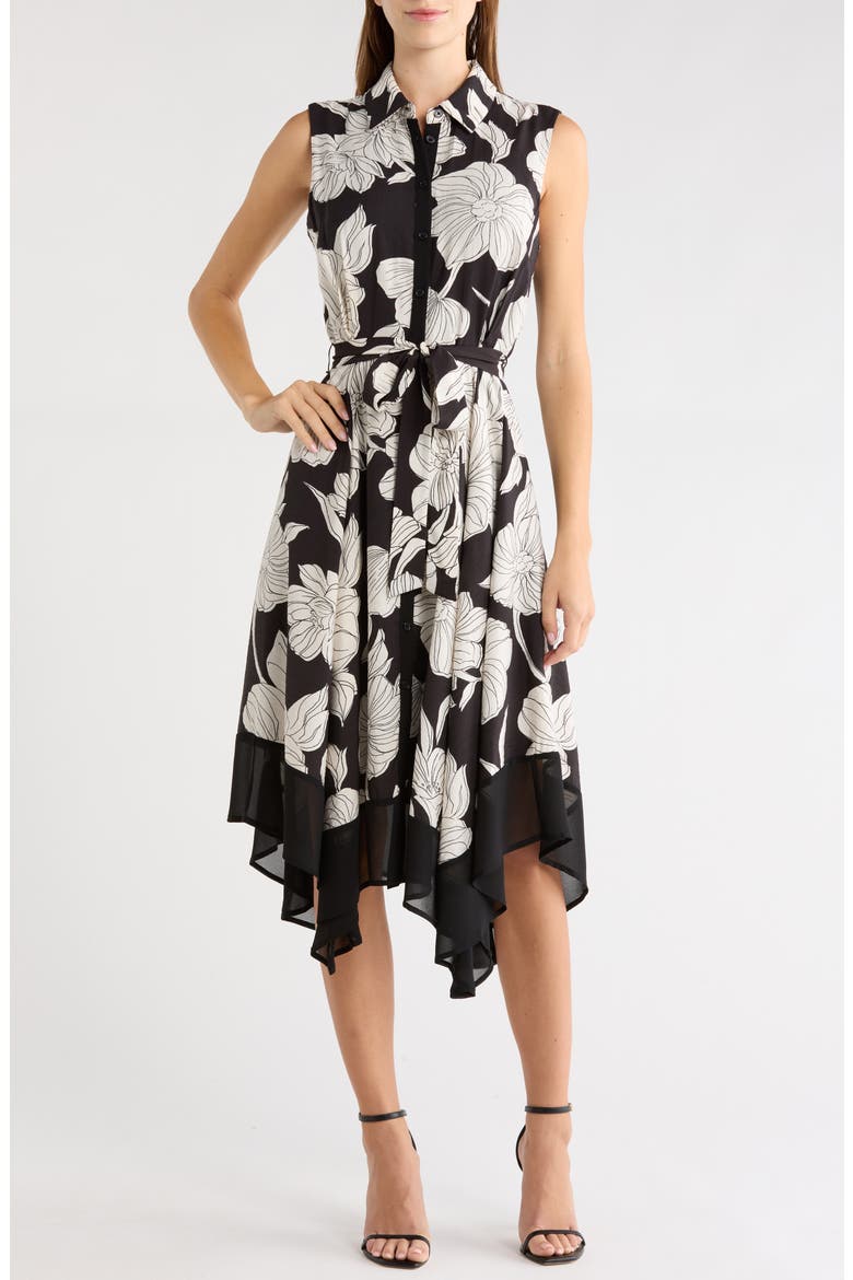 Tie Waist Handkerchief Shirtdress, Main, color, BLACK/ NUDE