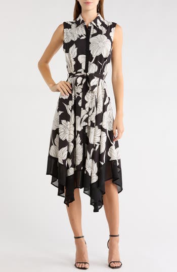 Sam Edelman Tie Waist Handkerchief Shirtdress In Black/ Nude