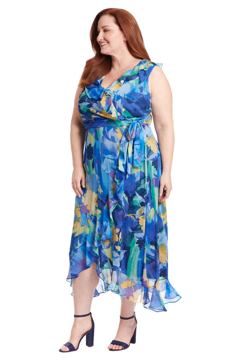 Floral Ruffle Sleeveless Faux Wrap Maxi Dress, Alternate, color, BLUE MULTI