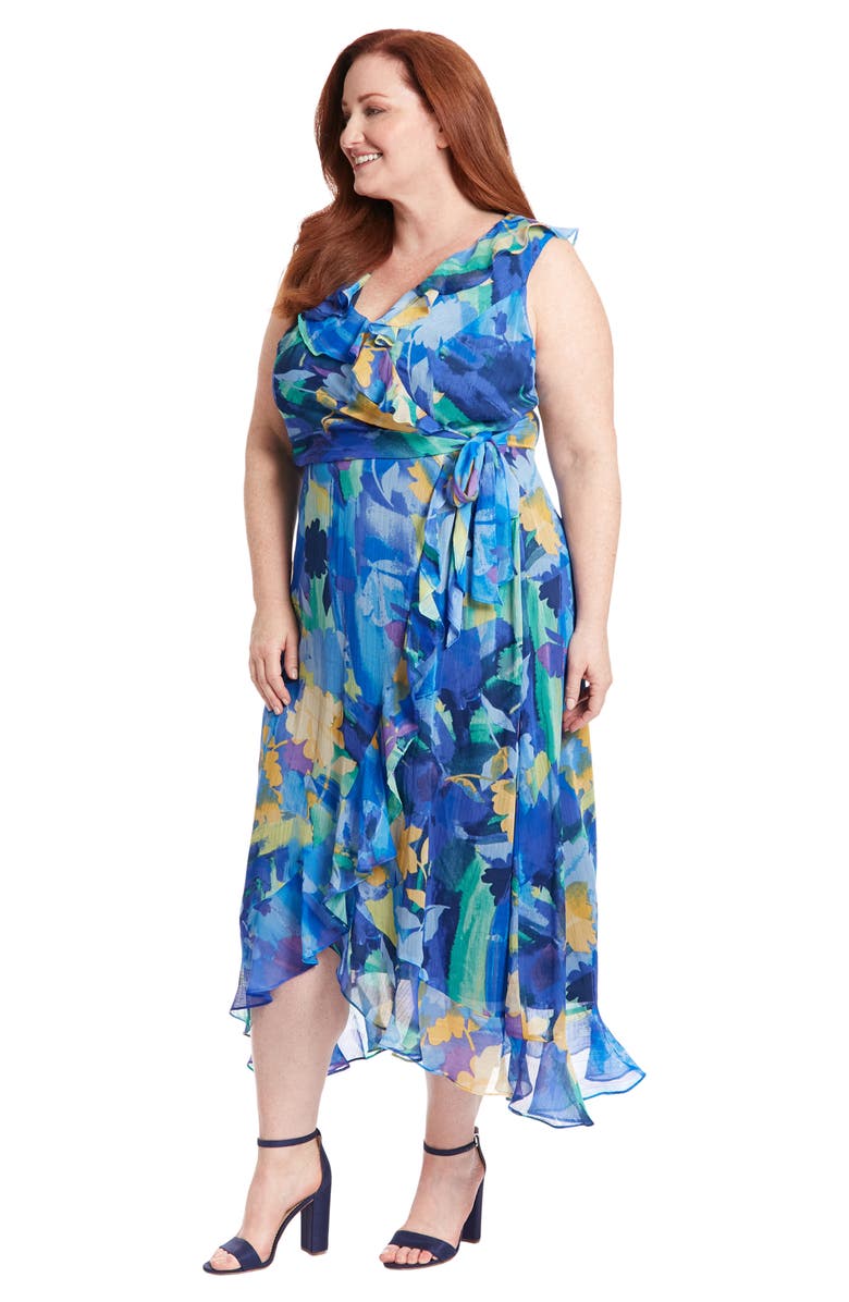 London Times Floral Ruffle Sleeveless Faux Wrap Maxi Dress, Alternate, color, Blue Multi
