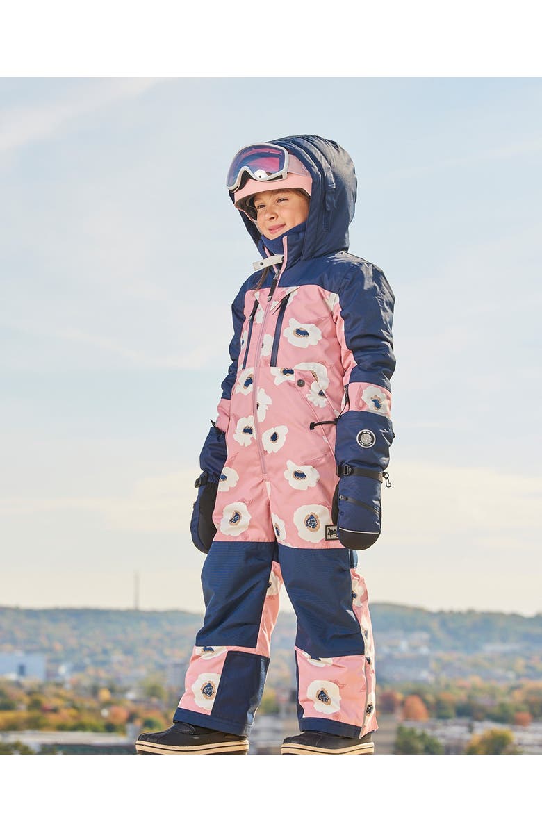 Deux par Deux Girl's One Piece Technical Snowsuit Pink Printed Off White Flowers, Alternate, color, 