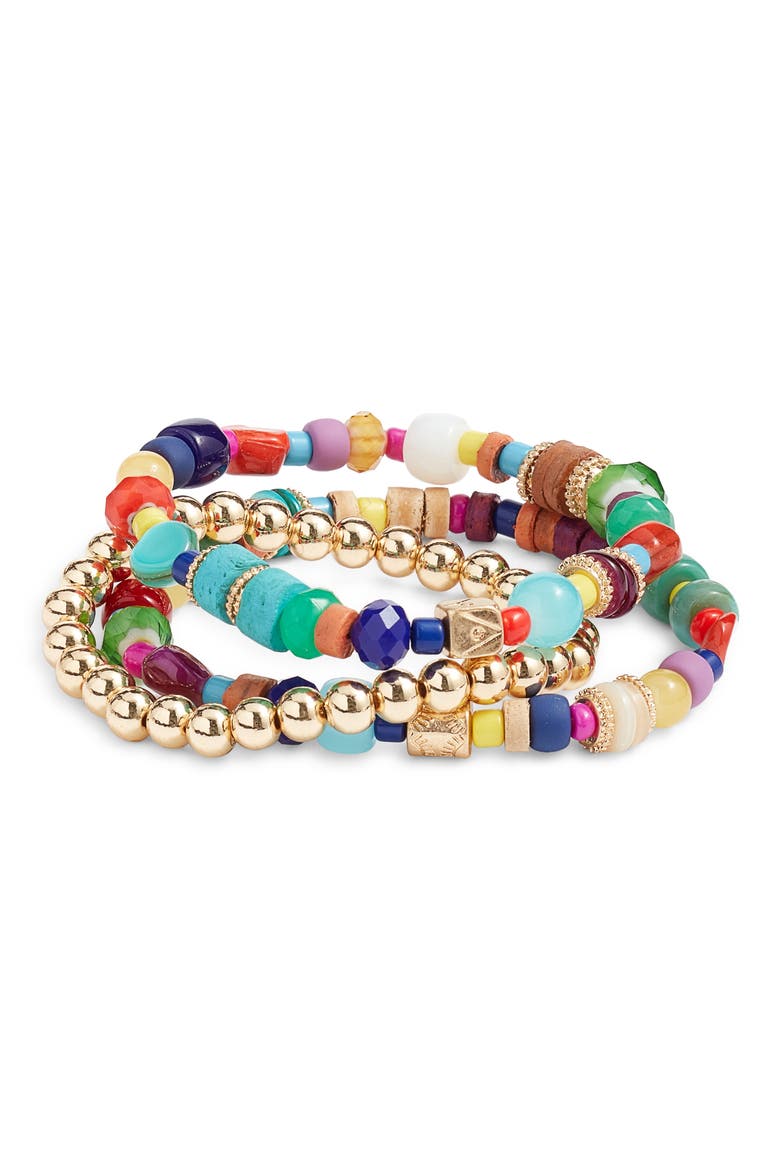 Set of 3 Mixed Bead Stretch Bracelets, Main, color, BRIGHT MULTI- GOLD