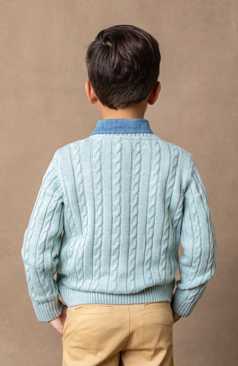 Hope & Henry Organic Long Sleeve Fine Gauge Cable V-Neck Sweater, Alternate, color, Dusty Blue Heather Cable