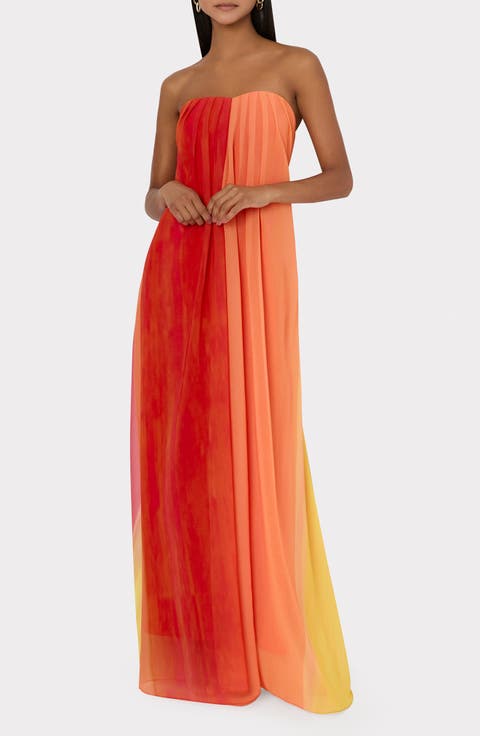Sunset Stripe Pleated Strapless Maxi Dress