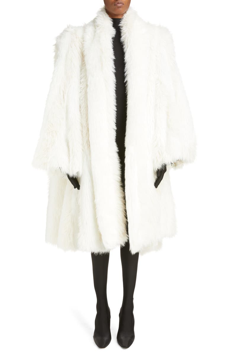 Balenciaga Graffiti Logo Faux Fur A-Line Coat, Main, color,