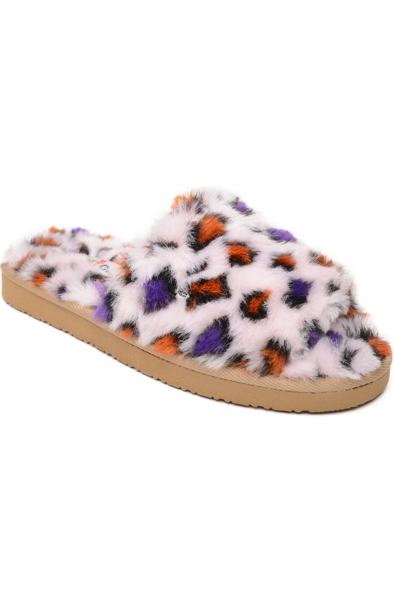 Minnetonka Faux Fur Slide Slipper, Main, color, Blush Leopard Print