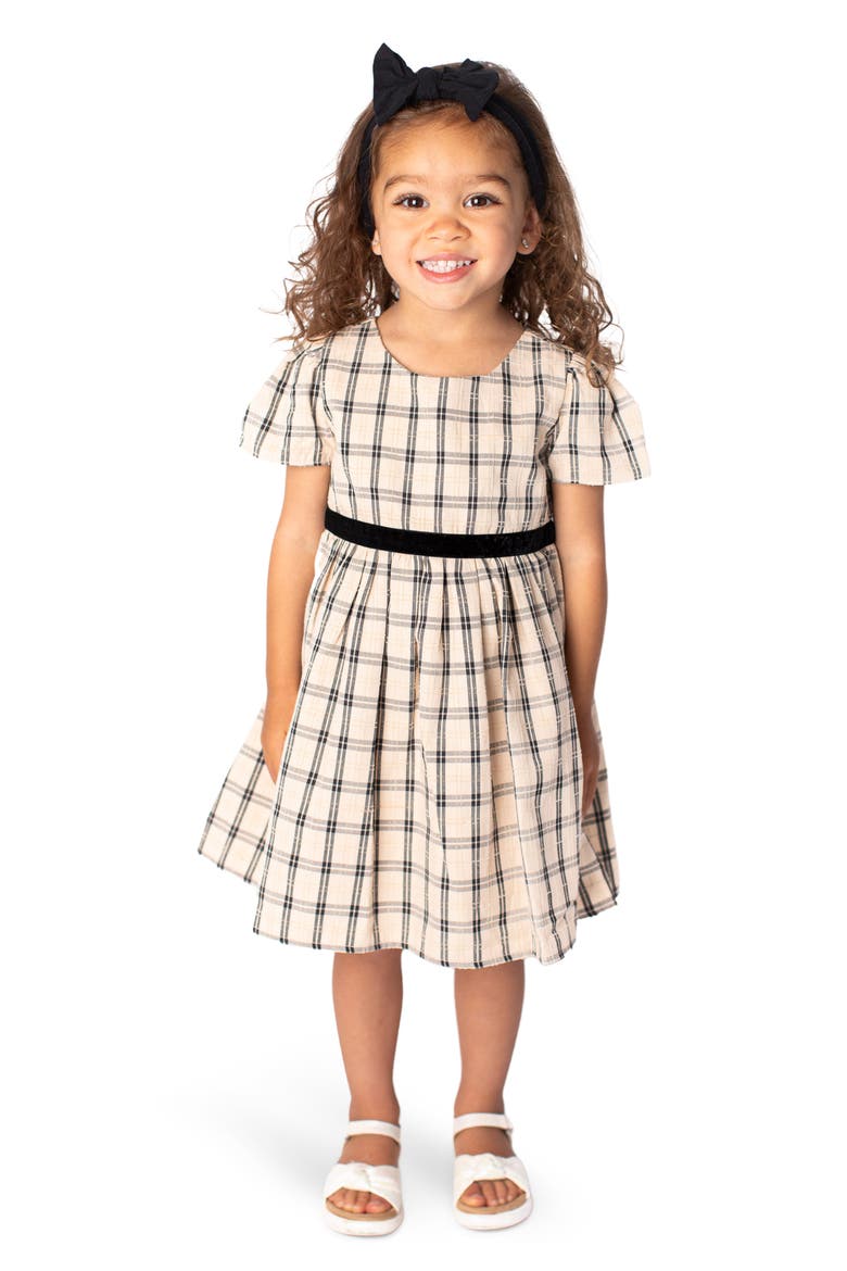 Plaid Flutter Sleeve Cotton Dress, Alternate, color, GREY MULTI