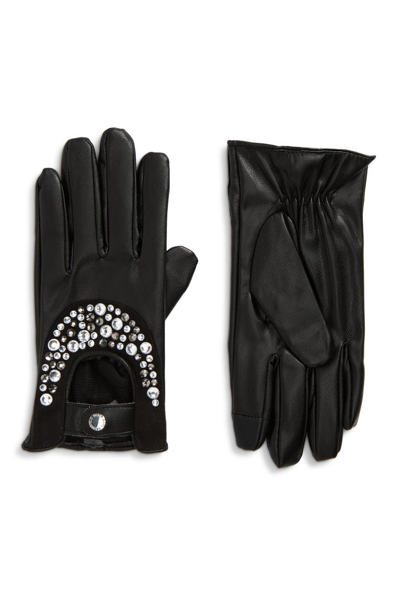 Faux Leather Sparkle Gloves, Main, color, BLACK