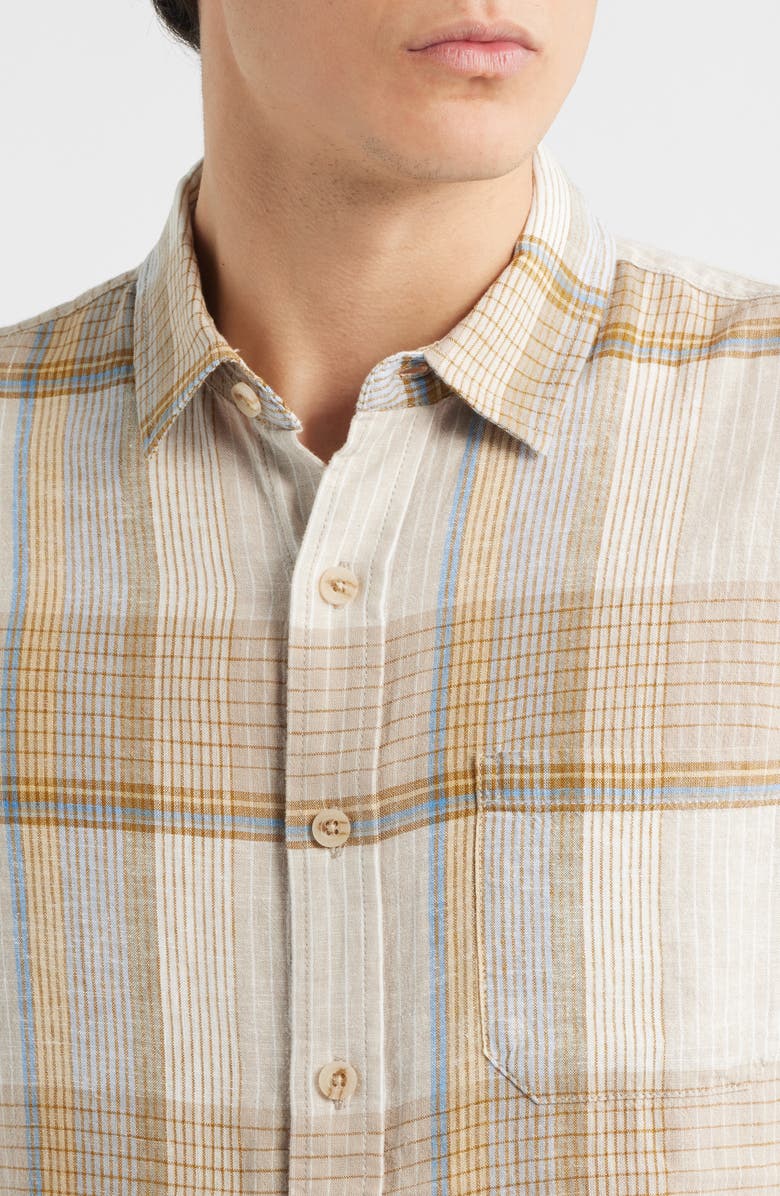 Pendleton Dawson Plaid Short Sleeve Linen Blend Button-Up Shirt, Alternate, color, Ecru/ Tan/ Blue Plaid