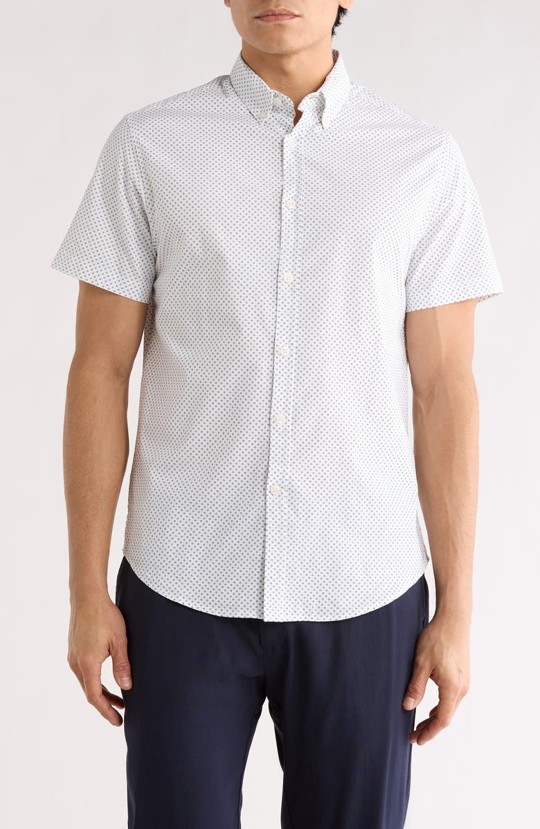 DENIM AND FLOWER Pop Geometric Short Sleeve Button-Down Shirt, Main, color, White/ Black