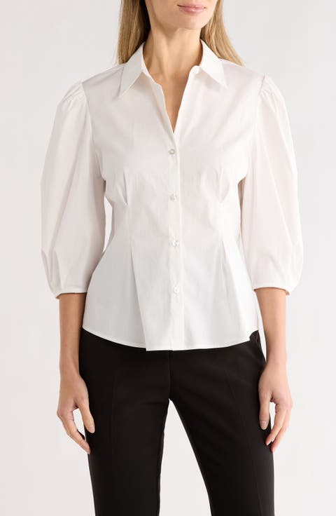 Three-Quarter Sleeve Pleated Waist Button-Up Shirt