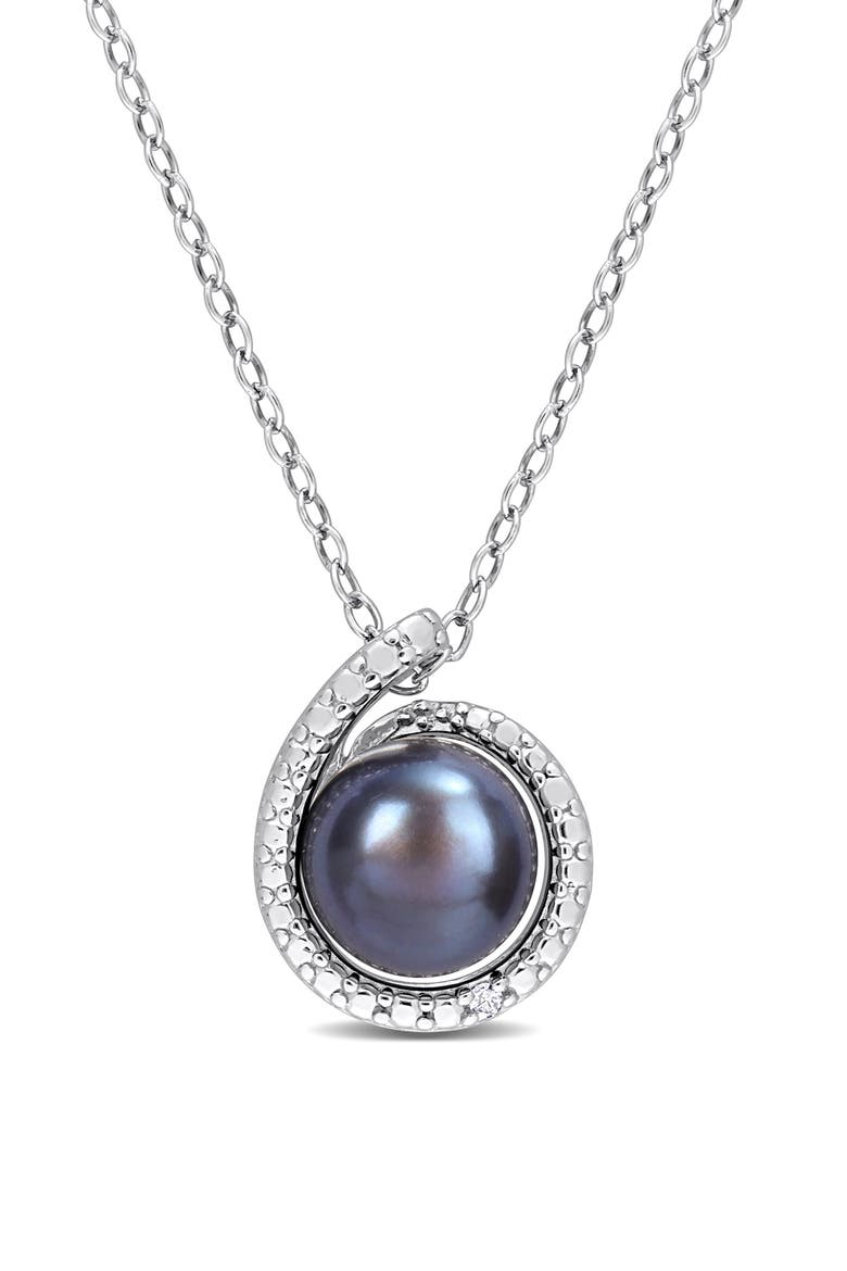 Sterling Silver 8-8.5mm Black Freshwater Pearl & Diamond Pendant Necklace, Main, color, BLACK