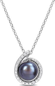 DELMAR Sterling Silver 8-8.5mm Black Freshwater Pearl & Diamond Pendant Necklace