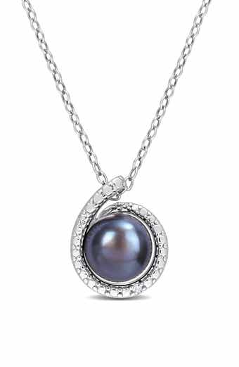 DELMAR Sterling Silver 8-8.5mm Black Freshwater Pearl & Diamond Pendant Necklace