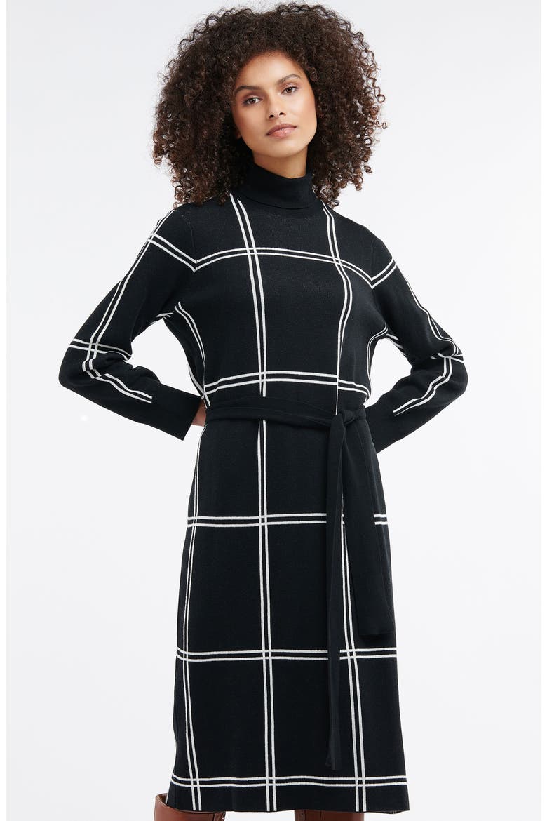 Aldora Windowpane Long Sleeve Cotton Blend Sweater Dress, Alternate, color, BLACK